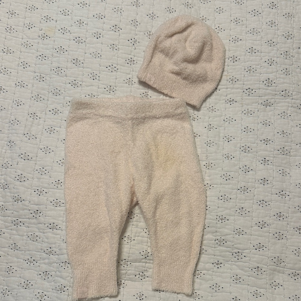 Barefoot Dreams Cozy Knit Baby Bottoms and Beanie in Light Pink